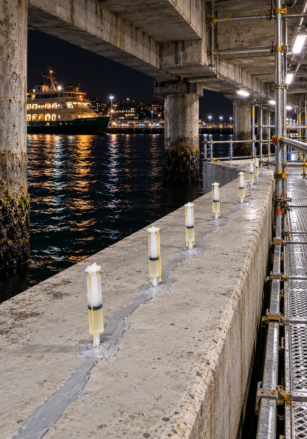 Epoxy injection ports along a sealed crack in a concrete wharf beam beside scaffold access above harbour water at night