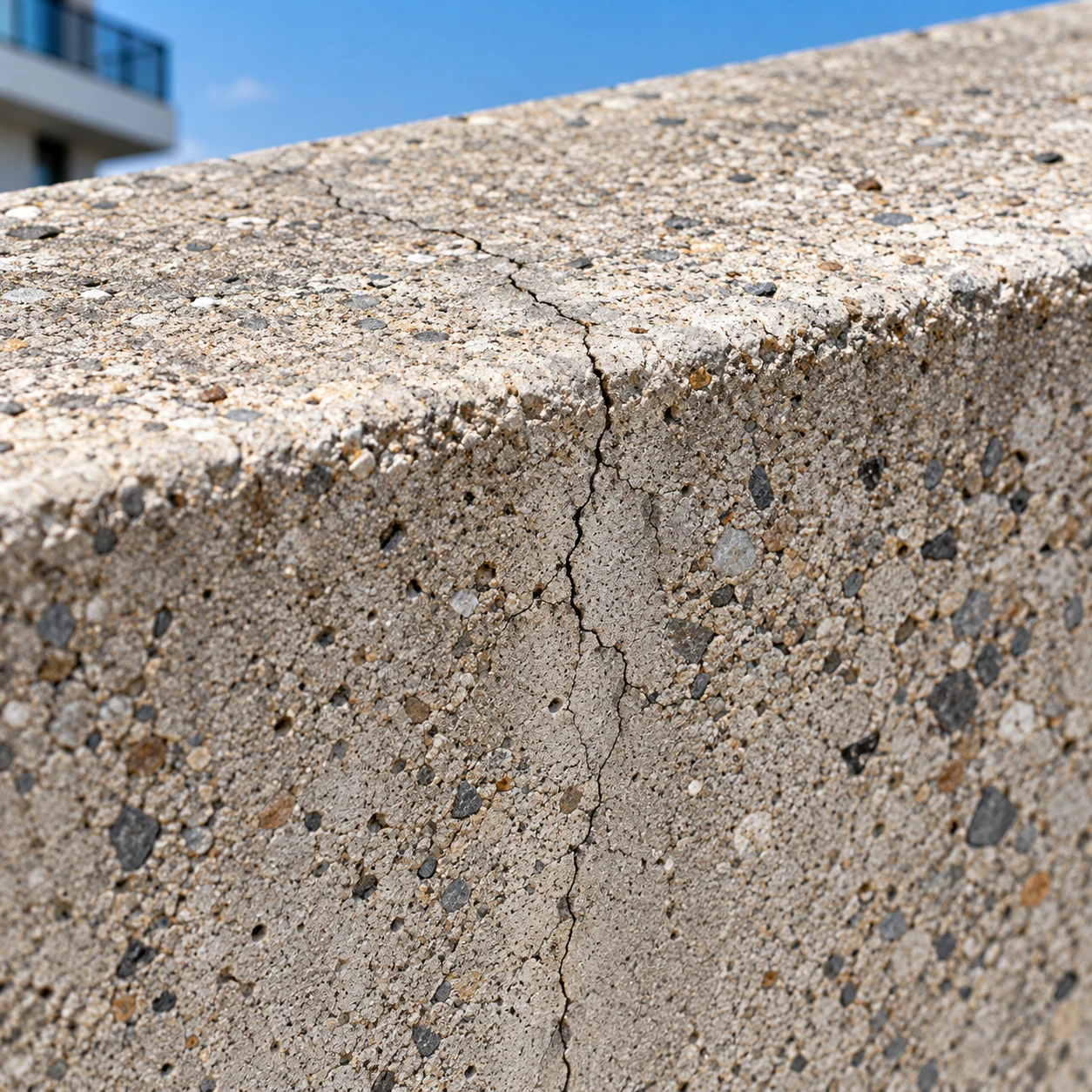 Fine crack continuing across the top and face of a concrete edge