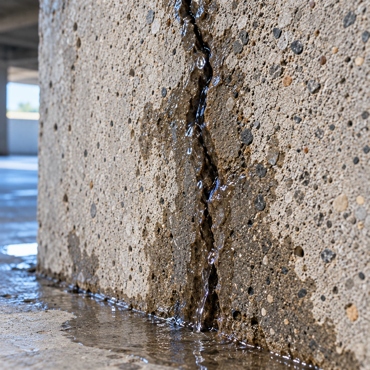 Water flowing through a concrete wall crack and pooling below