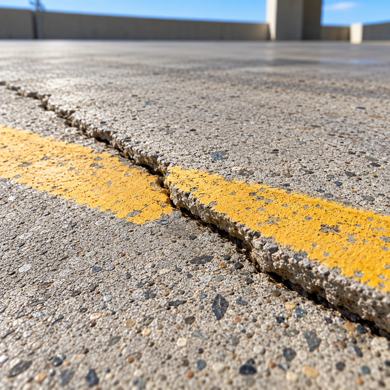 Displaced concrete floor edges across a yellow line