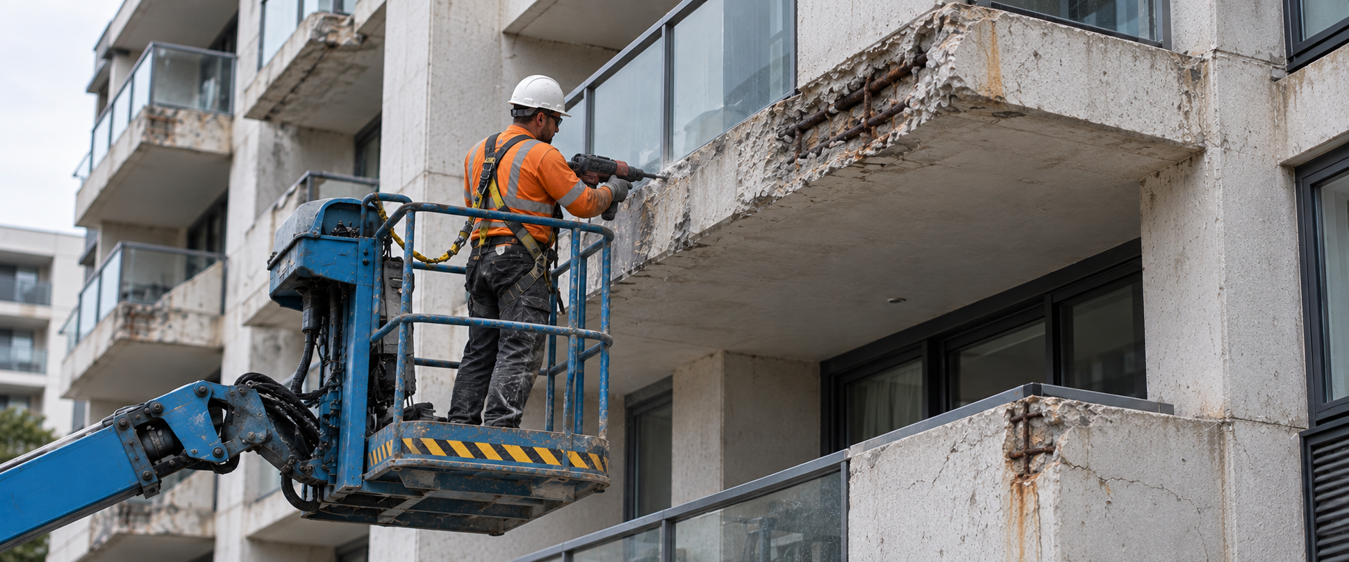 Building-wide concrete cancer remediation using elevated access on a multi-storey apartment building