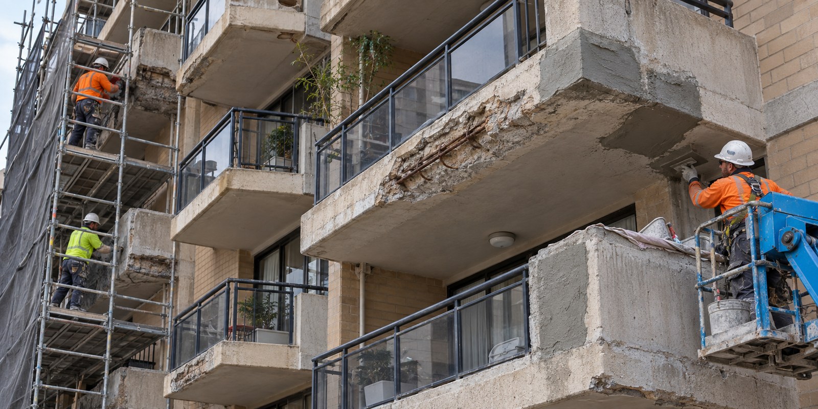 Large multi-unit strata concrete remediation project with scaffolding and elevated access