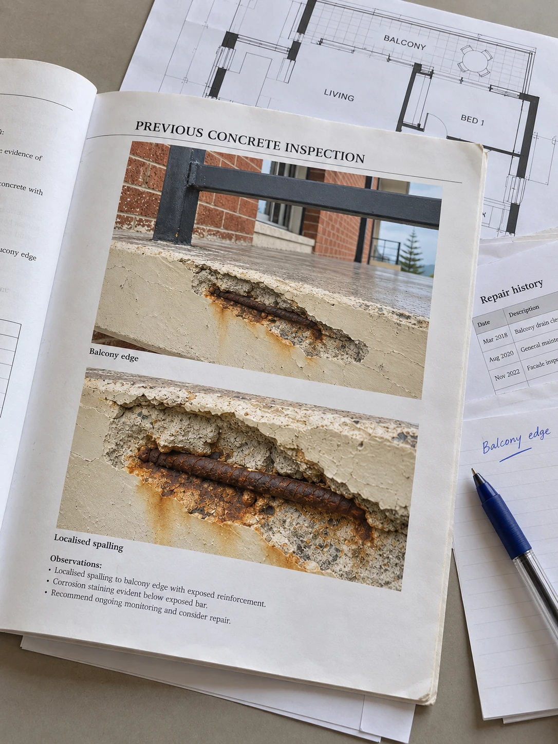 Previous concrete inspection report with damage photos, building plans and repair notes.