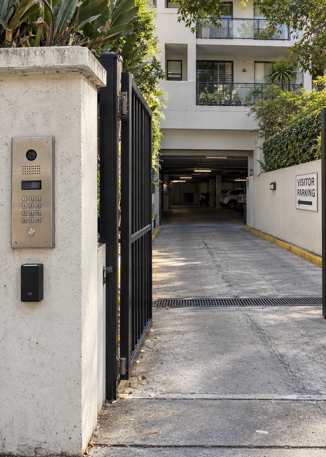 Apartment entrance with an intercom and keypad beside an open gate leading to visitor parking.