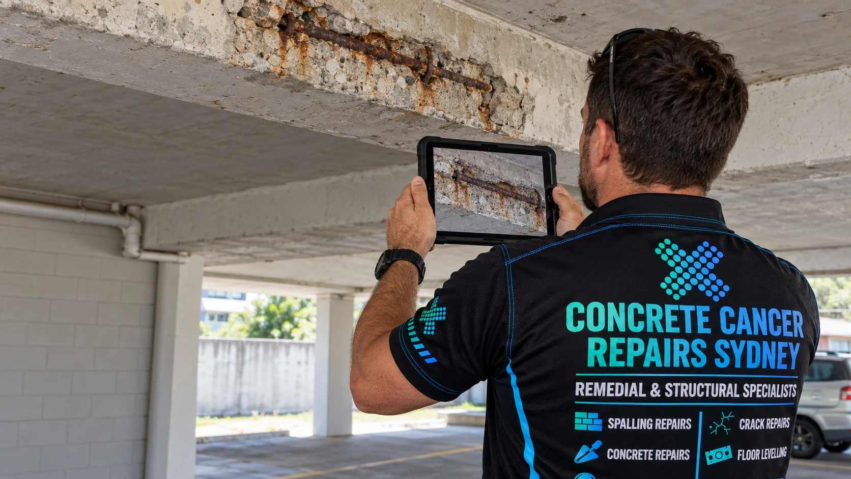 CCRS employee documenting exposed reinforcement and spalled concrete with a tablet.