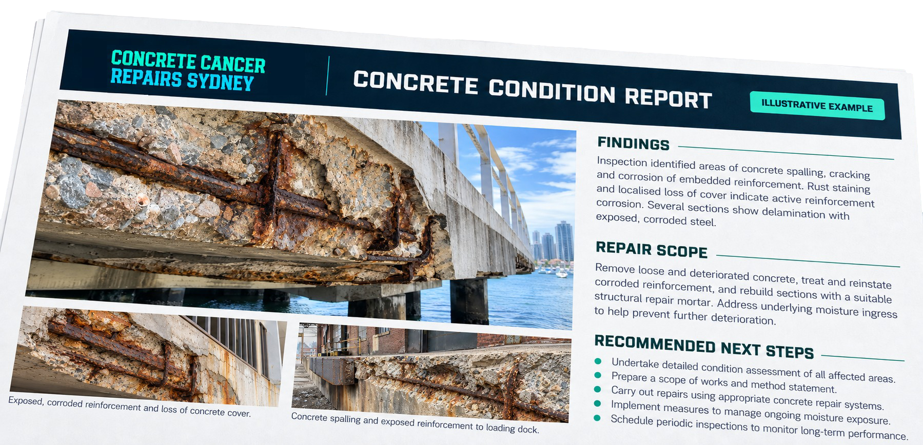 Illustrative CCRS concrete condition report showing concrete damage, findings, repair scope and recommended next steps.