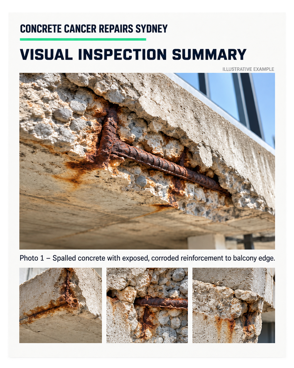 Illustrative visual inspection summary with labelled photographs of spalled concrete, rust staining and exposed reinforcement.