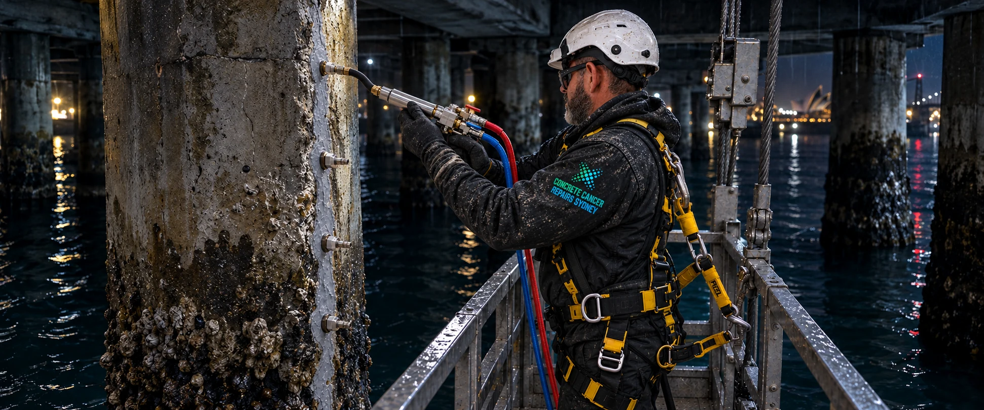 Technician repairing a marine concrete pile from a suspended platform at night