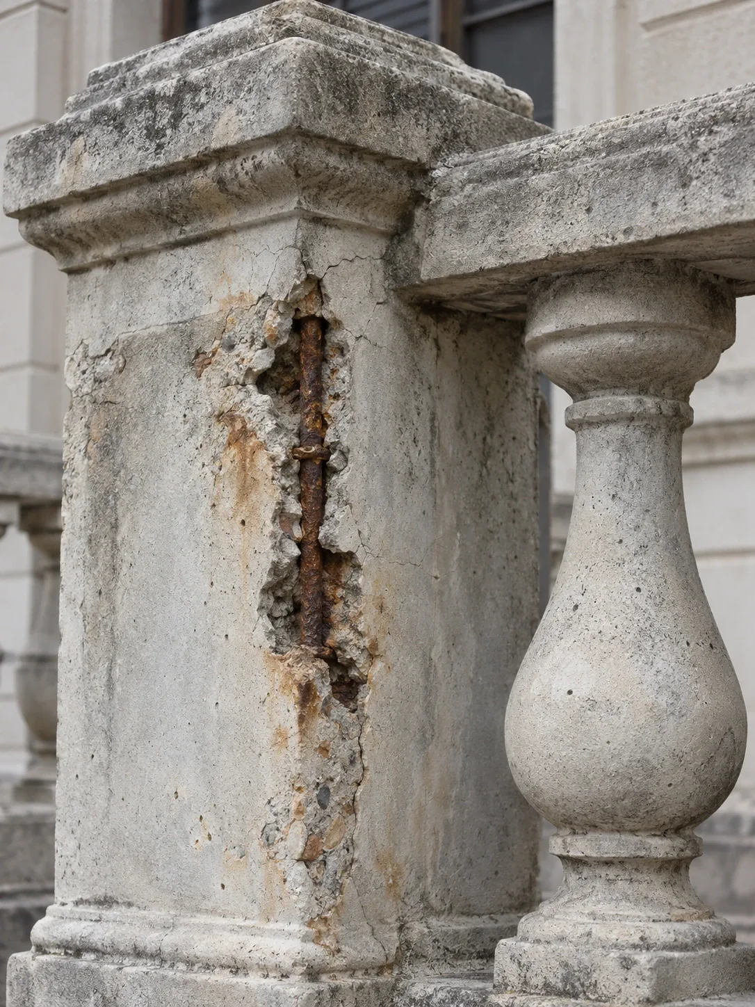 Corroded reinforcement on an older heritage concrete structure