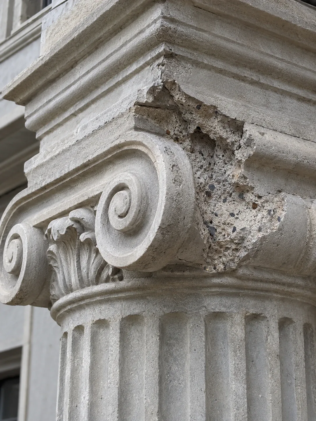 Spalling & surface loss on an older heritage concrete structure