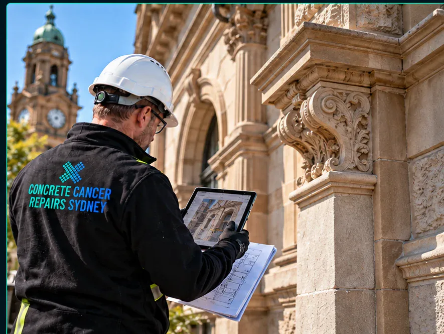 Heritage Concrete Cancer Repairs Sydney 31 Concrete repair specialist reviewing heritage building records and drawings on site