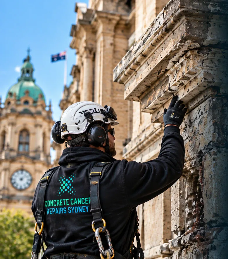 Heritage concrete repair specialist assessing original façade fabric and detailing