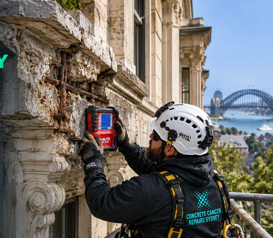 Concrete repair specialist inspecting deteriorated heritage concrete on an older Sydney building