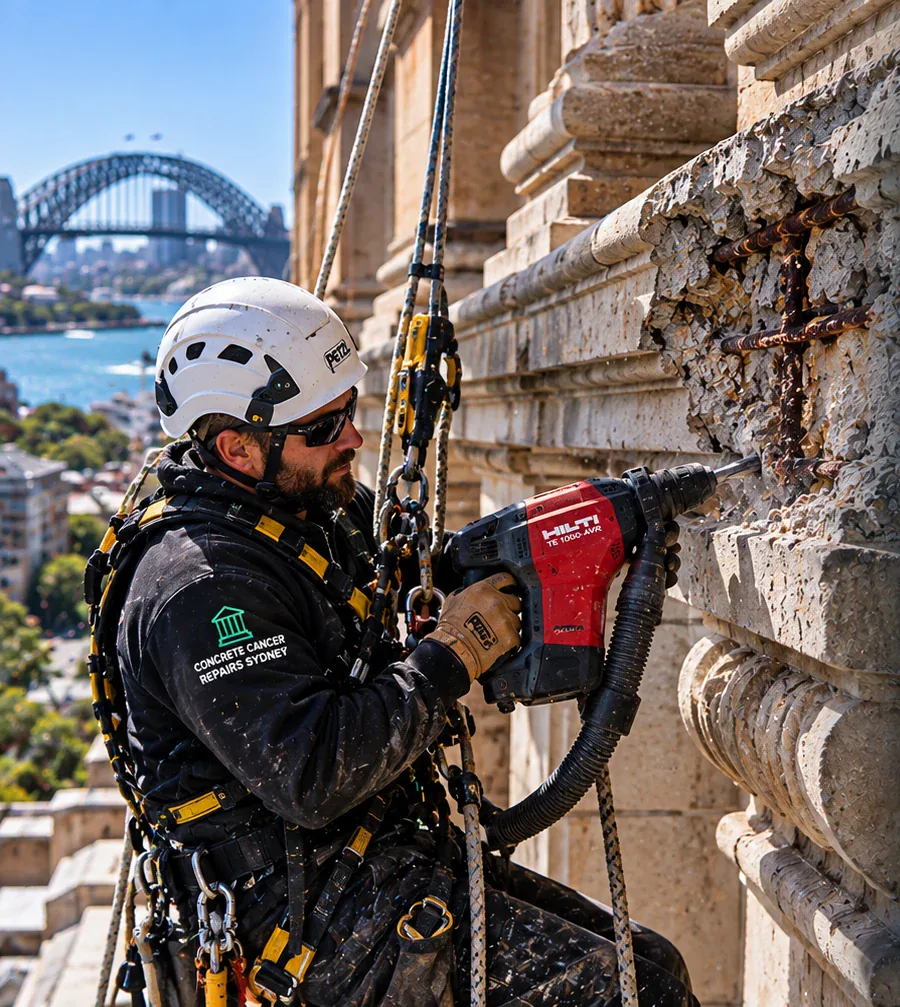 Heritage façade concrete repair specialist working beside original architectural detailing in Sydney