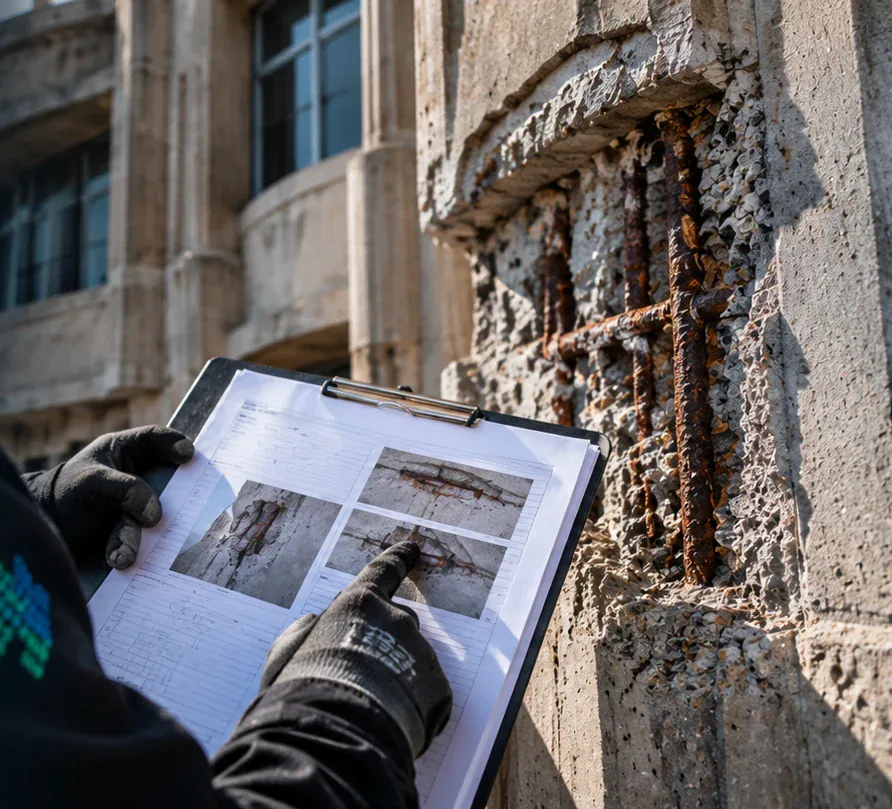 Heritage concrete defect photographs and drawings being reviewed beside a damaged building element