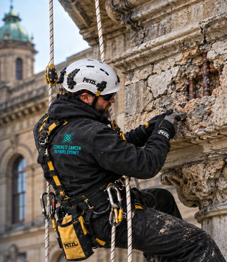 Heritage Concrete Cancer Repairs Sydney 21 Rope-access technician working on deteriorated heritage concrete façade in Sydney