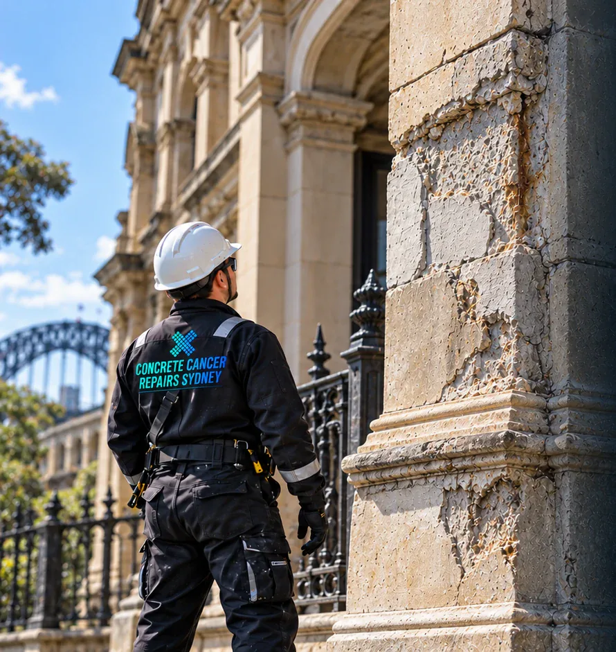 Concrete repair specialist inspecting repaired heritage building fabric in Sydney