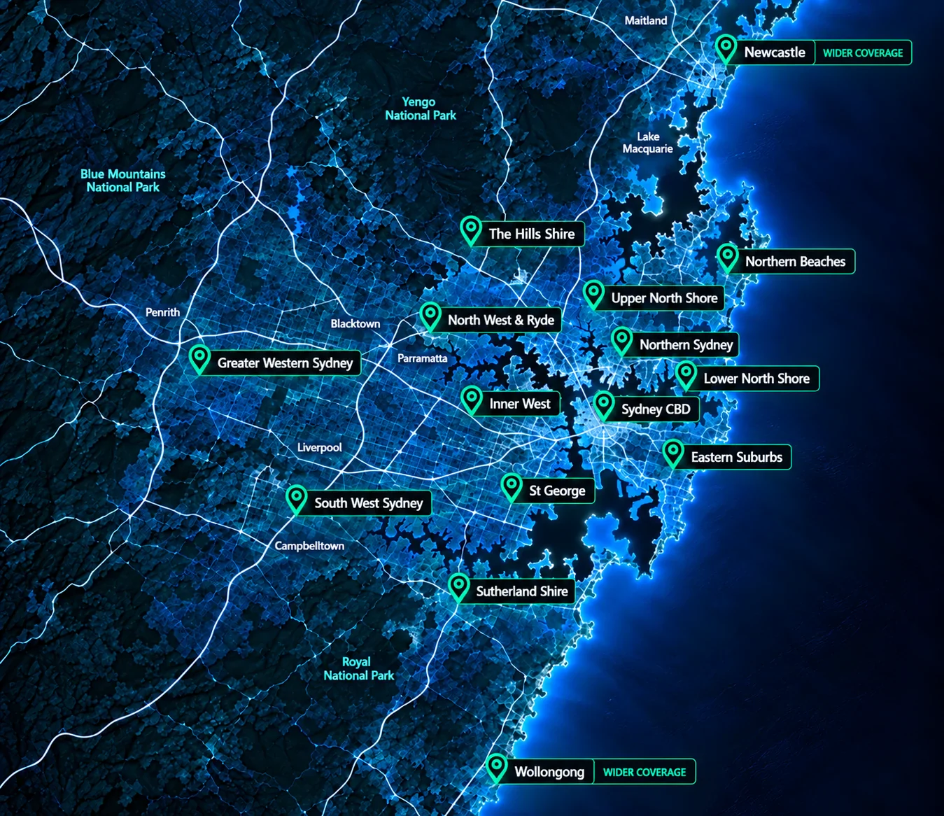 Service area map showing Newcastle, Greater Sydney regions, Sutherland Shire and Wollongong for Concrete Cancer Repairs Sydney