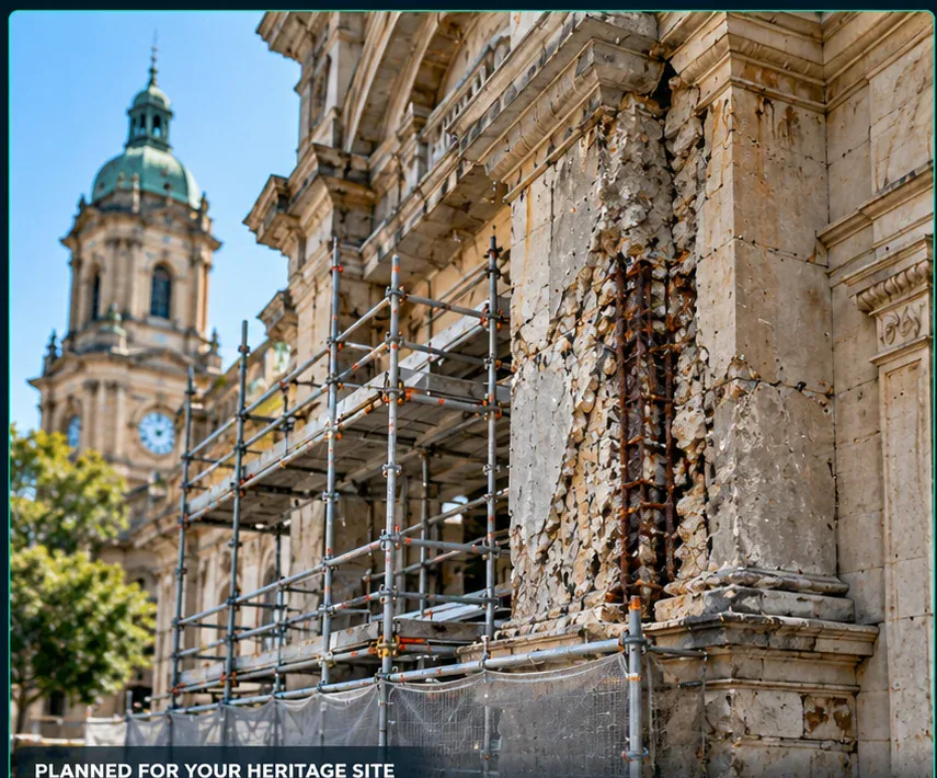 Heritage Concrete Cancer Repairs Sydney 22 Scaffolded heritage building with a localised concrete repair area and exposed reinforcement