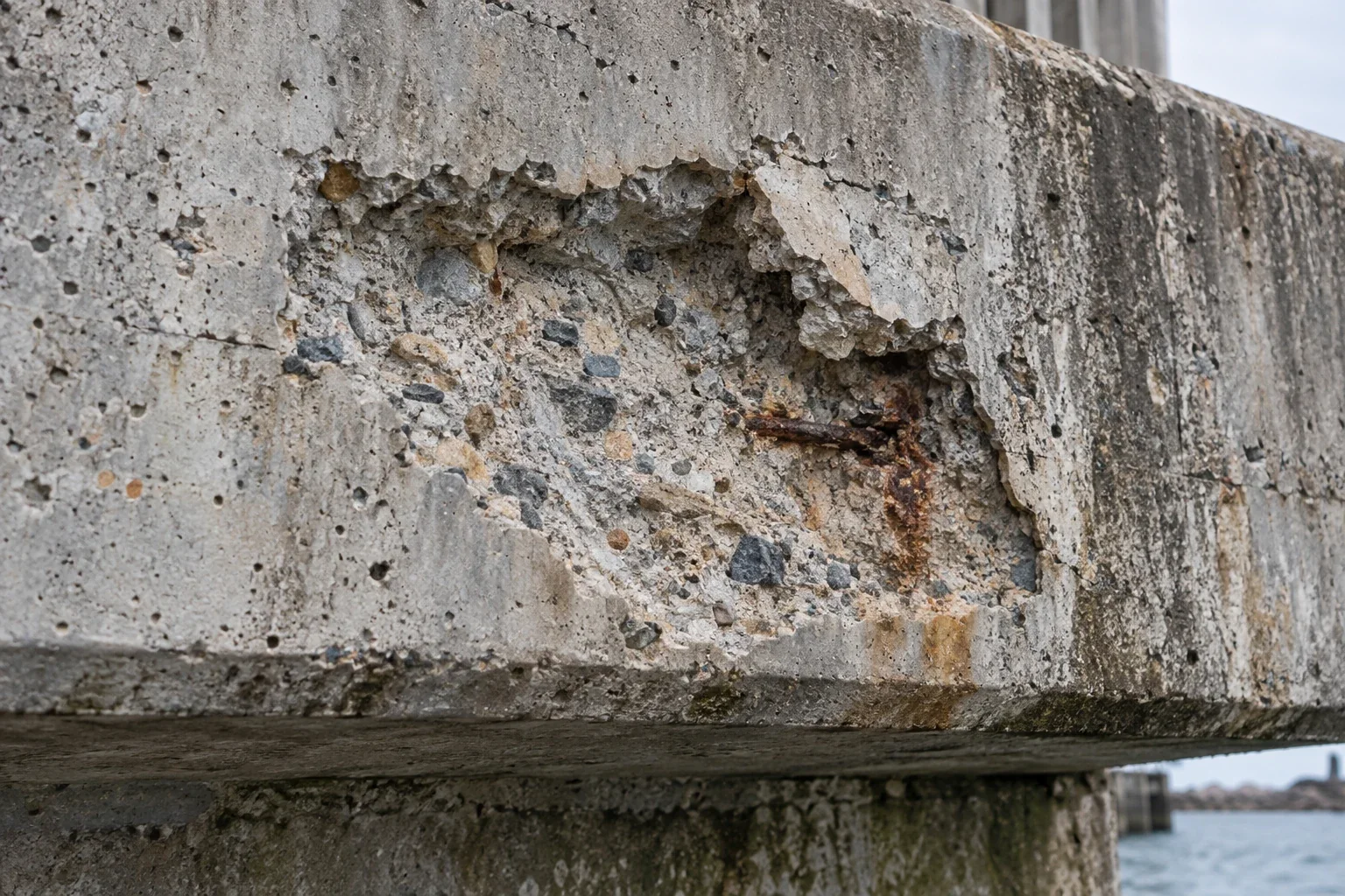 Concrete spalling in weathered marine concrete
