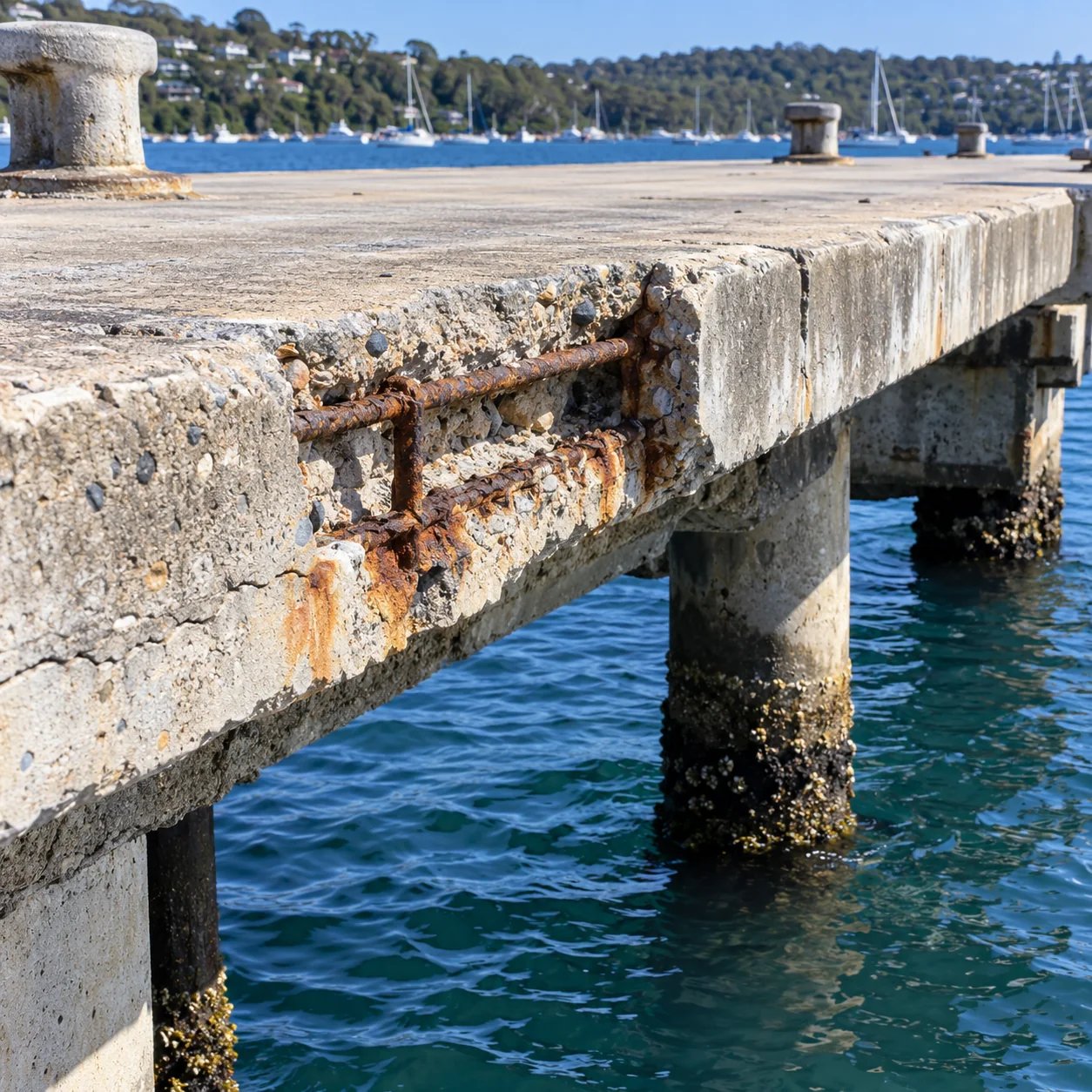 Wharf deck slab edge with extensive spalling and exposed reinforcing steel