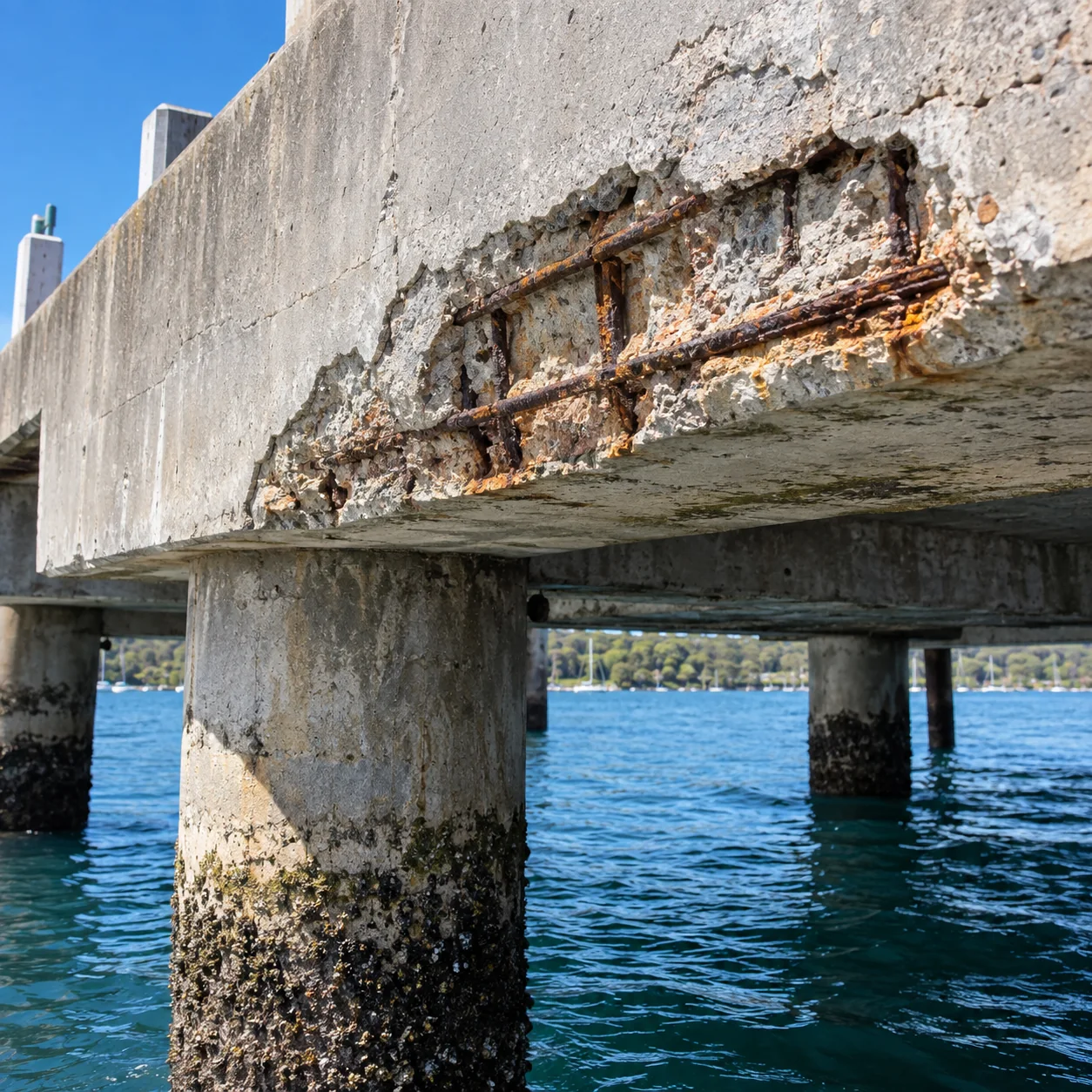 Spalled concrete headstock and beam with exposed reinforcing steel beneath a wharf