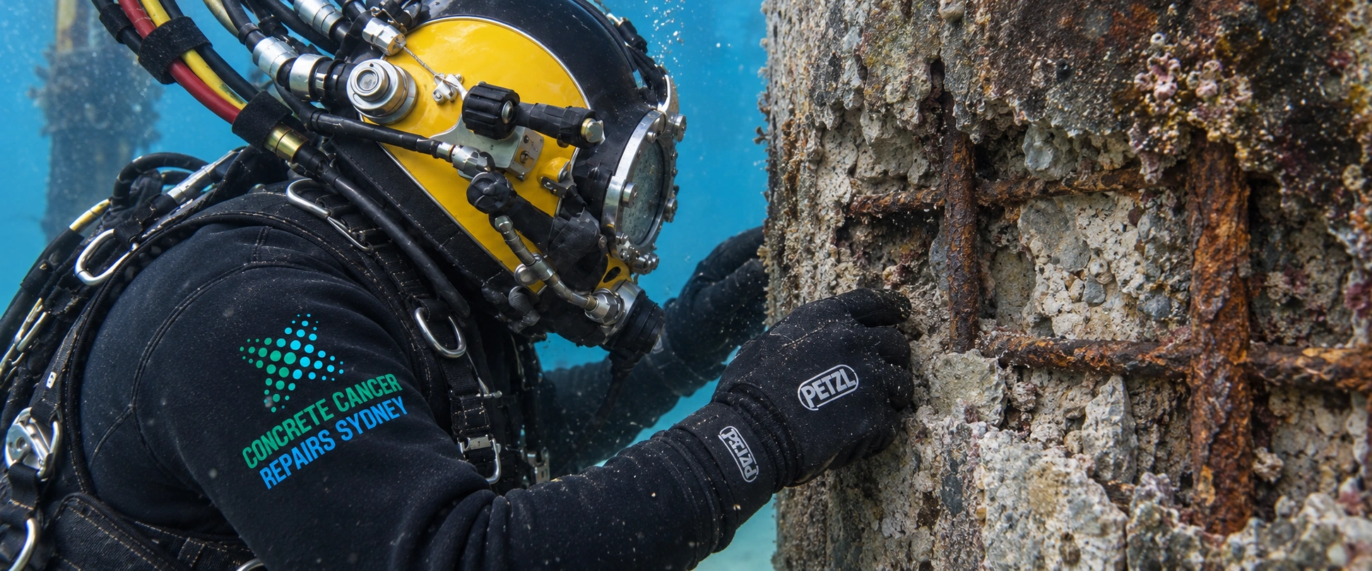 Commercial diver examining spalled underwater concrete pile with exposed corroded reinforcement