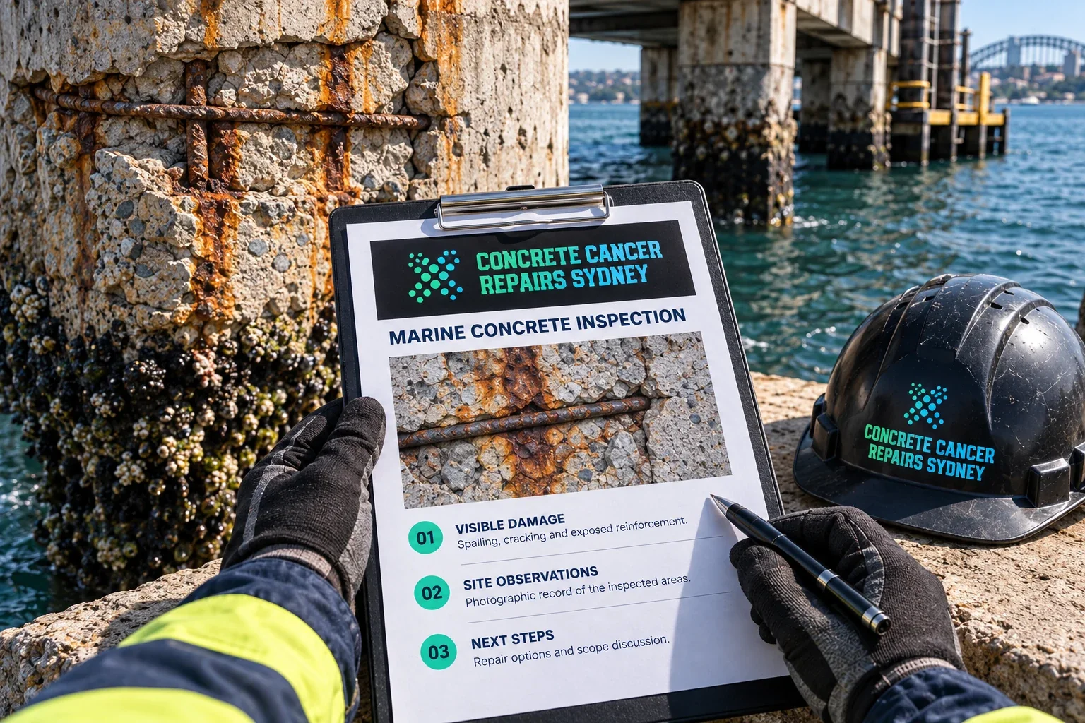 Marine Concrete Cancer Repairs Sydney 24 Marine concrete inspection clipboard beside a spalled pile, with a black CCRS helmet