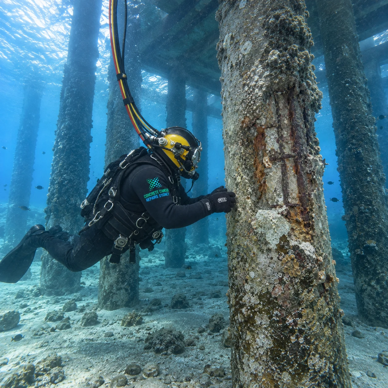 CCRS commercial diver using an inspection probe to examine exposed corroded reinforcement on an underwater concrete wharf pile