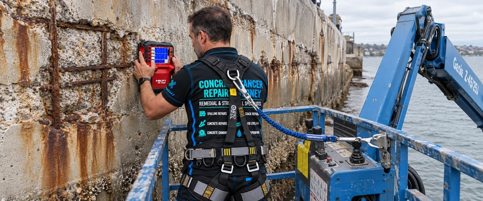 Marine Concrete Cancer Repairs Sydney 27 CCRS technician inspecting exposed reinforcement in a seawall from an elevated work platform