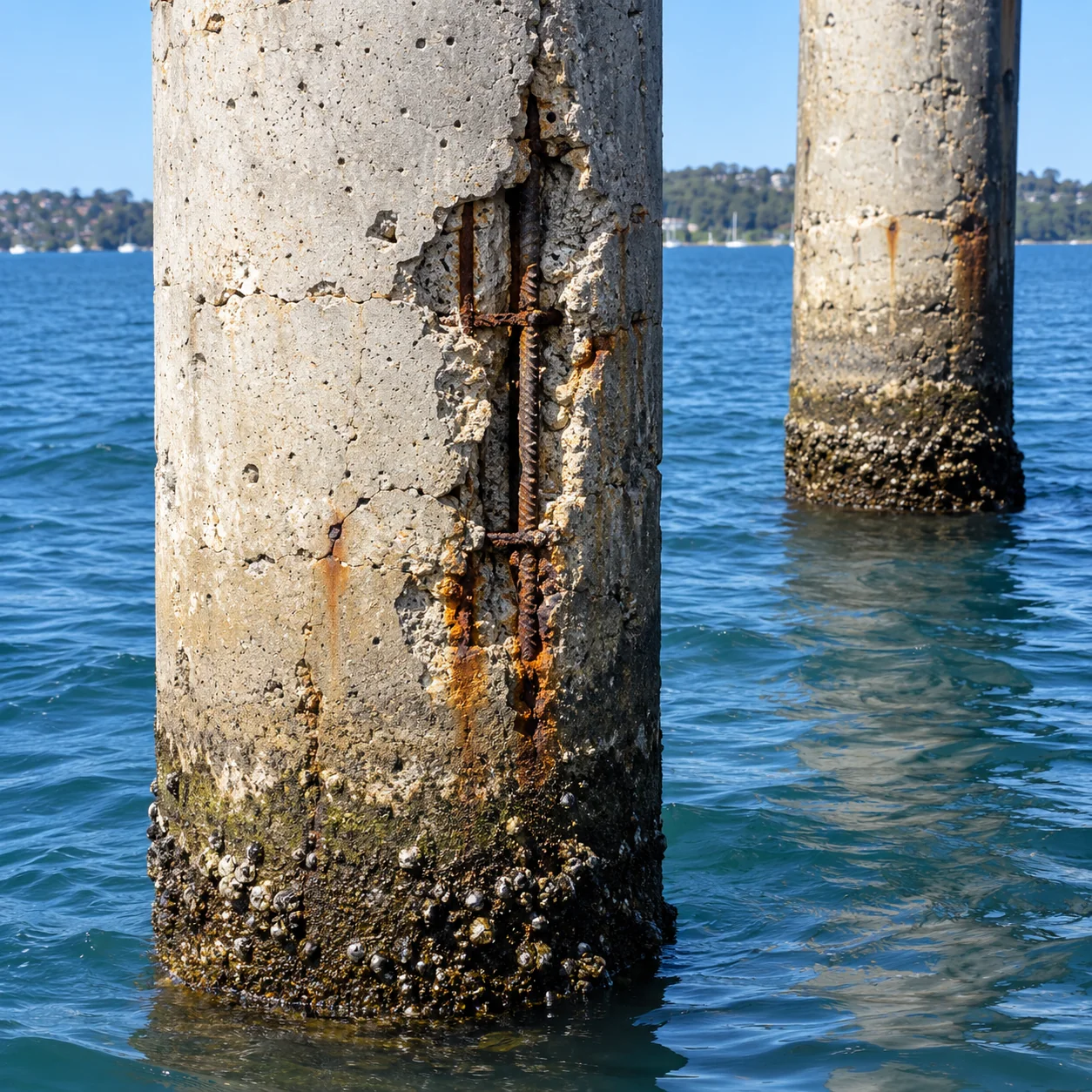 Marine Concrete Cancer Repairs Sydney 5 Round marine concrete pile with exposed reinforcement and marine growth at the waterline