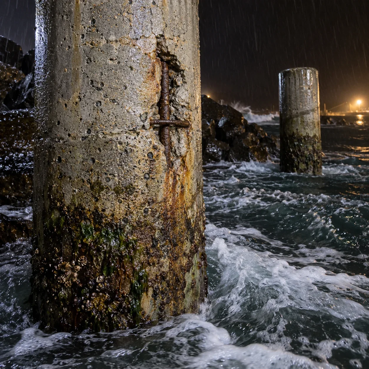 Spalled marine concrete pile with exposed corroded reinforcement in the splash zone