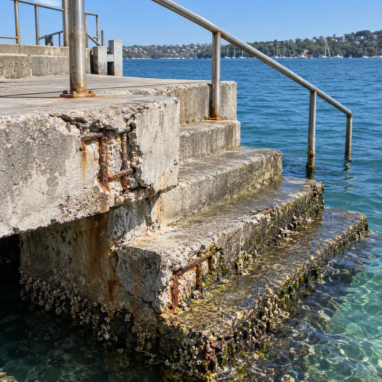 Marine Concrete Cancer Repairs Sydney 9 Concrete harbour steps and landing with spalled edges and exposed corroded reinforcement