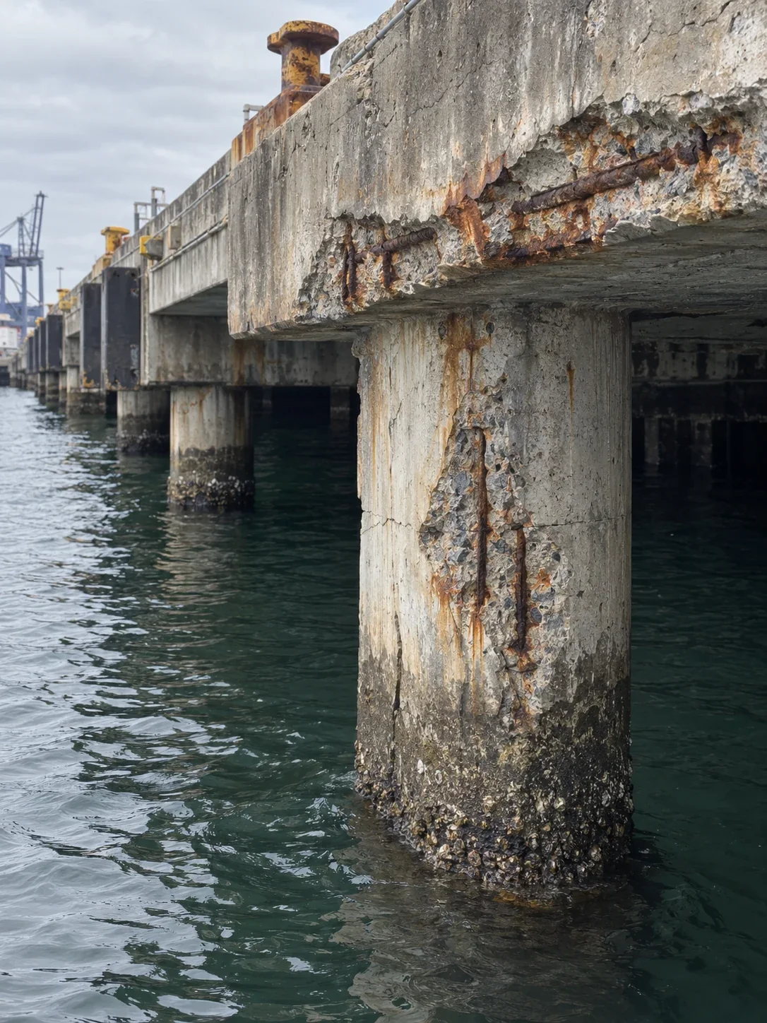 Daylight view of Wharf beams and piles with exposed reinforcement