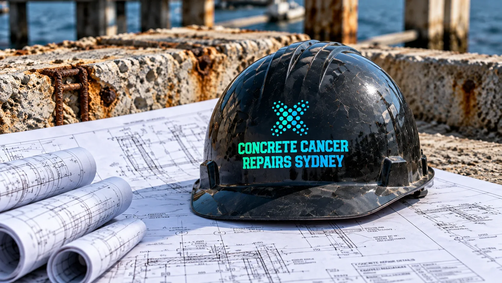 Black CCRS helmet on engineering drawings beside spalled marine concrete