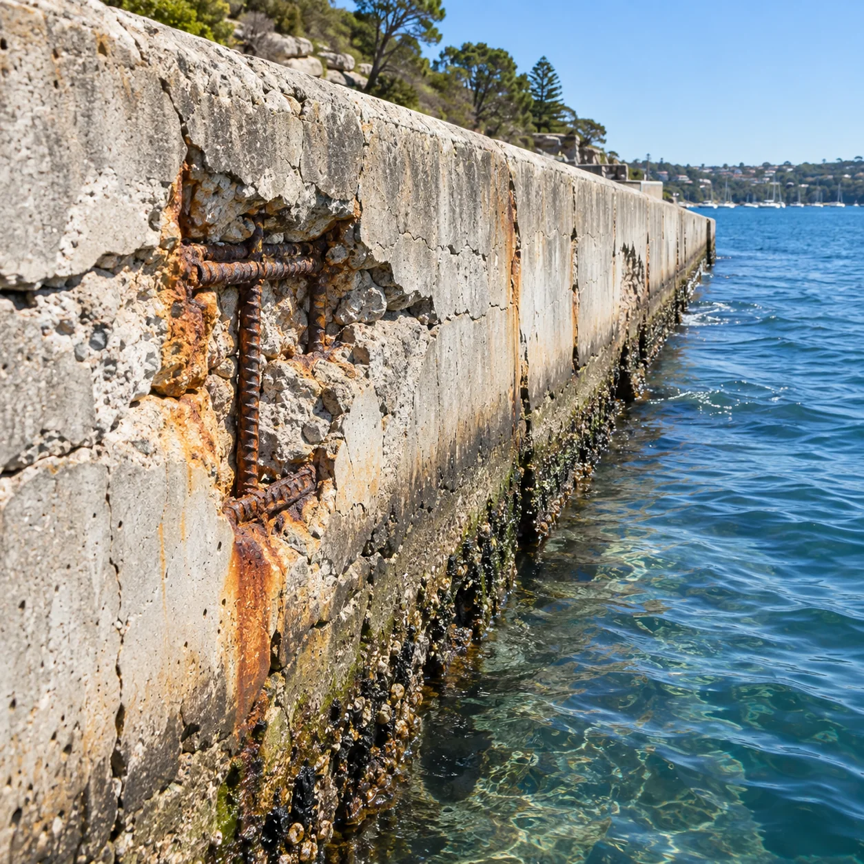 Concrete seawall with localised spalling and exposed reinforcement beside the harbour
