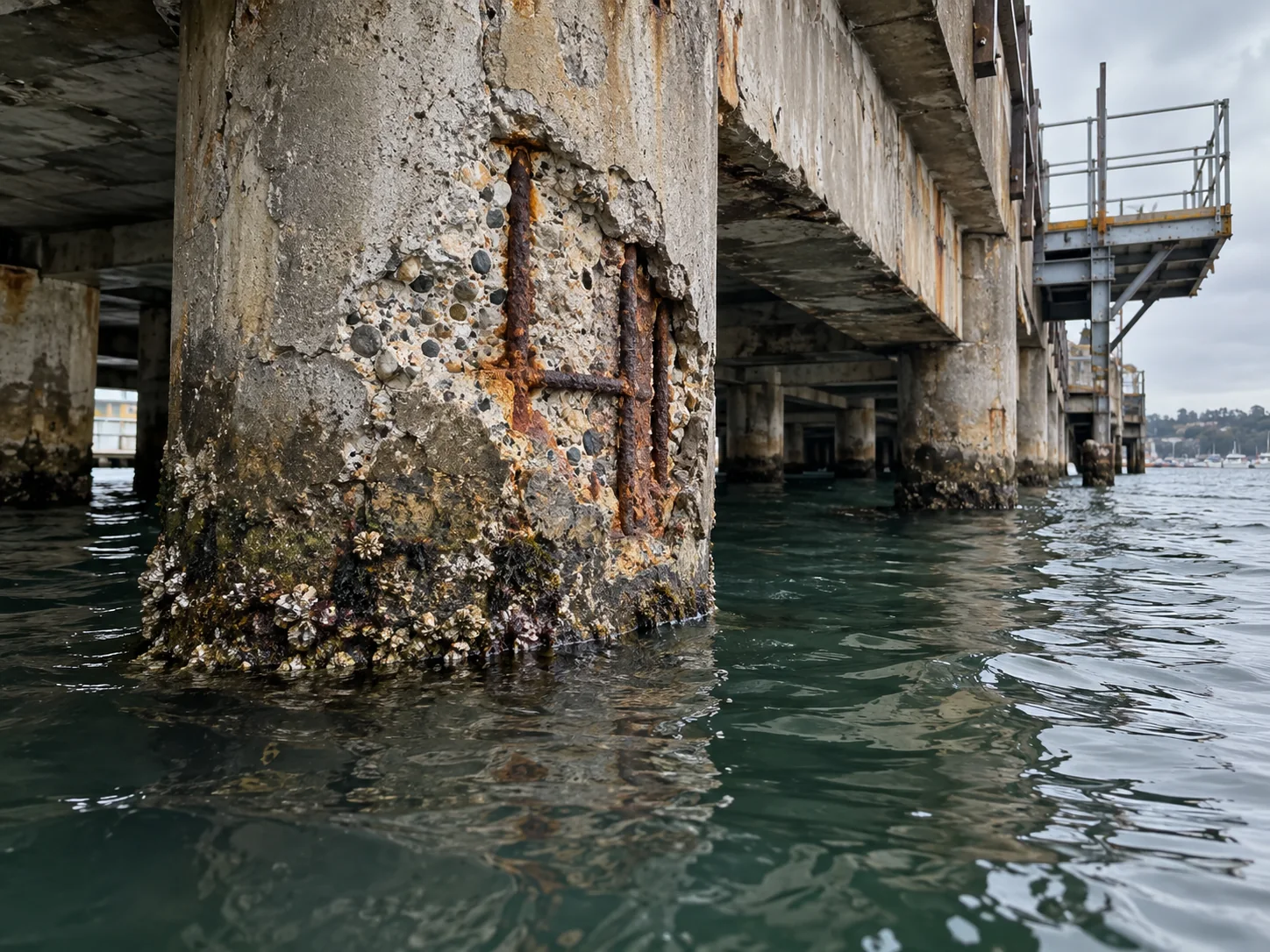 Marine Concrete Cancer Repairs Sydney 19 Spalled marine wharf pile with exposed reinforcement just above the waterline and a nearby access platform