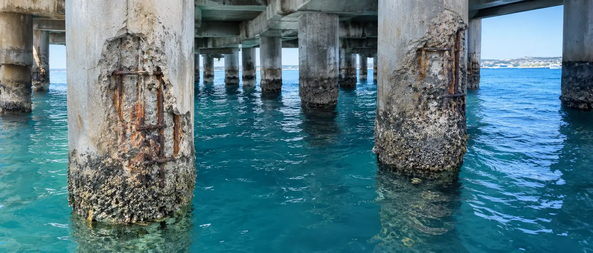 Before repair: a Sydney Harbour wharf with multiple reinforced-concrete piles showing marine growth, spalling and exposed corroded reinforcement through tidal-zone repair areas.