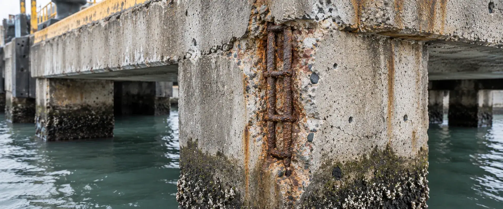 Concrete spalling and exposed corroded reinforcement on a wharf pile above the waterline.