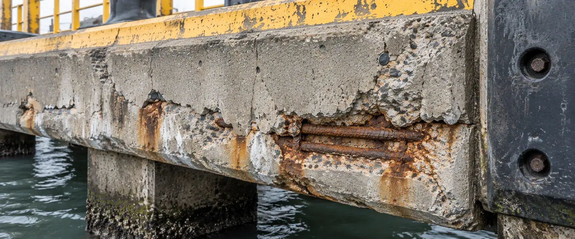 Exposed reinforcement and fractured concrete along the wharf edge beside a black fender.