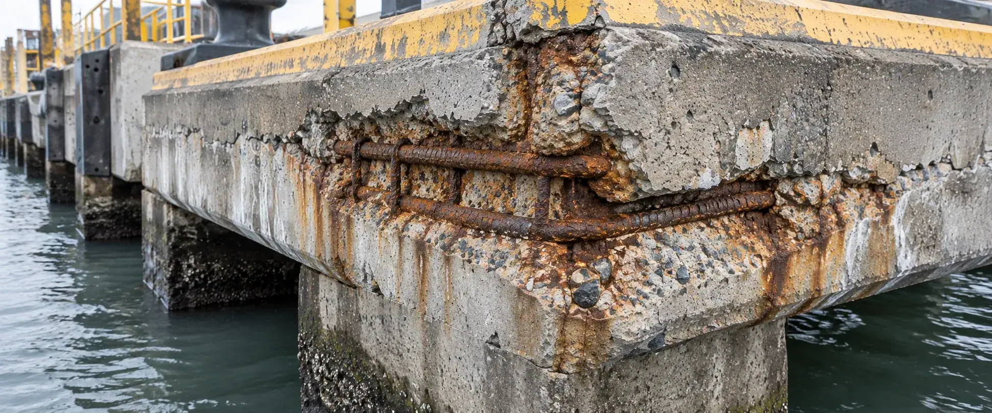 Spalling and corroded reinforcing bars extending around the corner of the wharf beam.