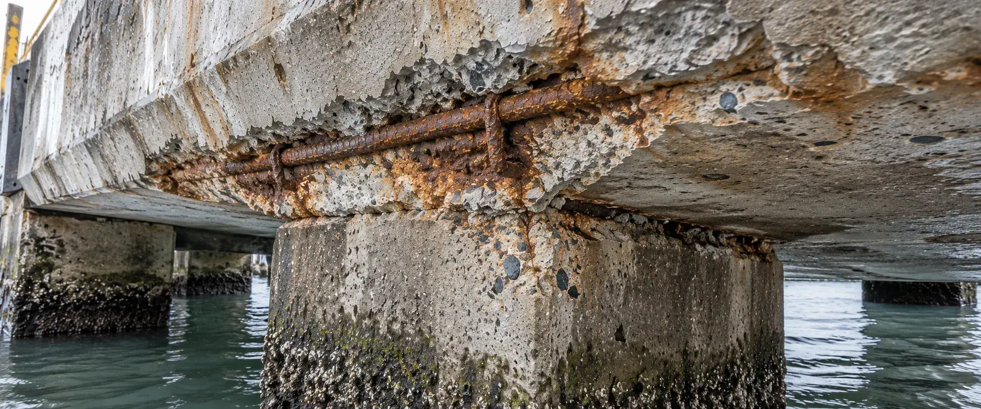 Damaged concrete and exposed reinforcement beneath a wharf beam at its supporting pile.