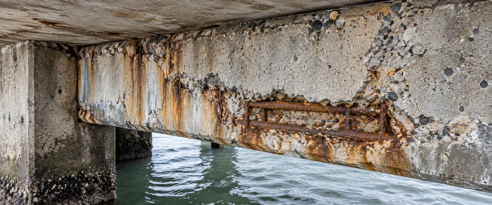 Concrete cover loss and rusted reinforcement along a beam beneath the wharf deck.