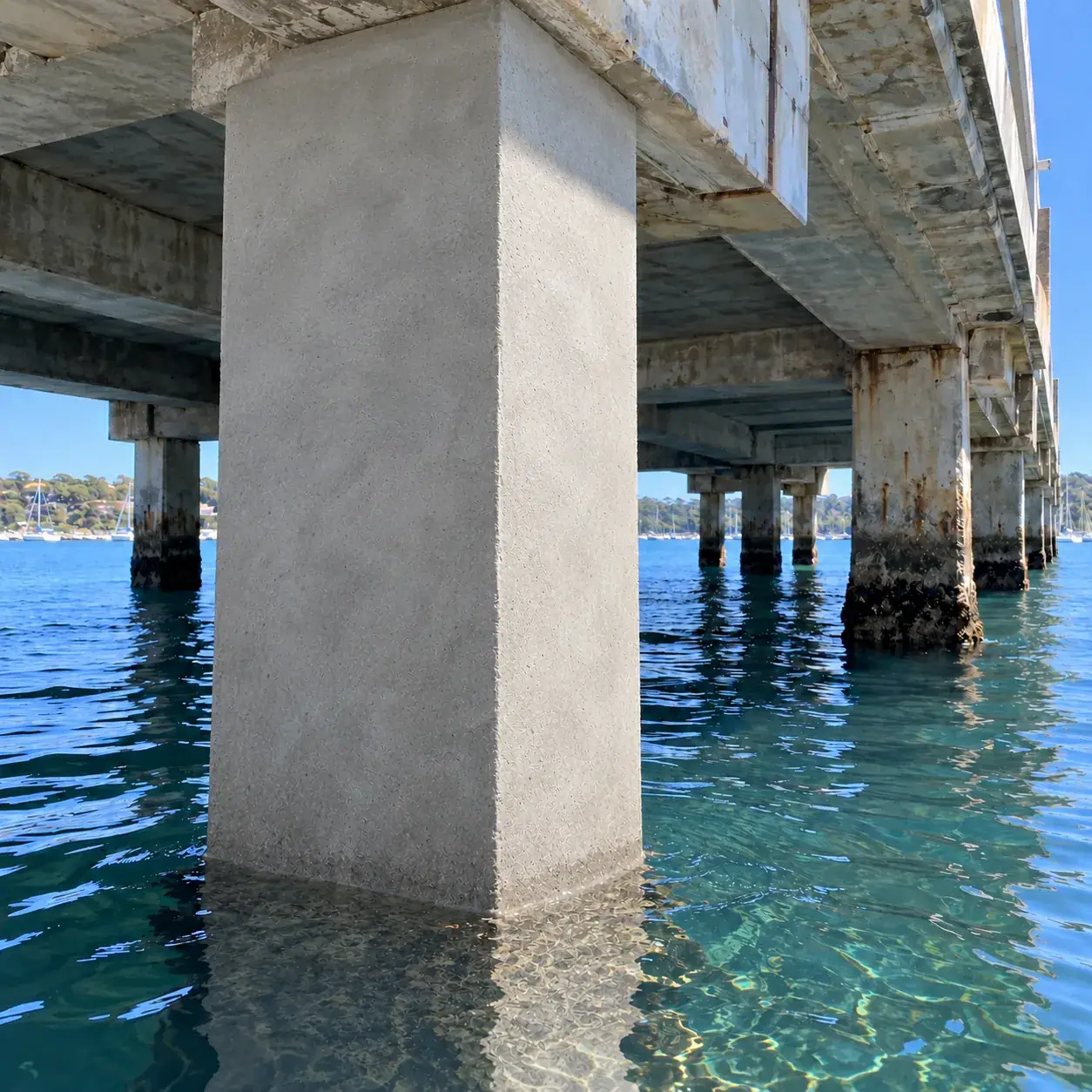 After: the main rectangular wharf pile with a continuous grey repair finish, beneath the existing weathered deck.