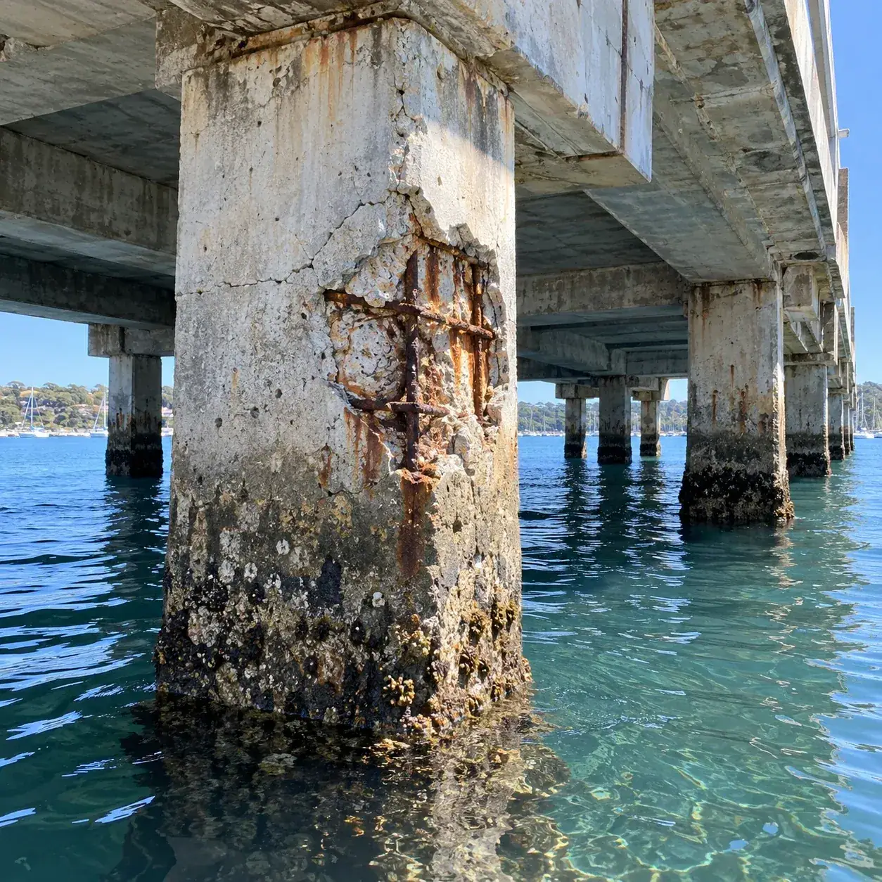Before: spalled rectangular wharf support pile with exposed rusted reinforcement above harbour water.