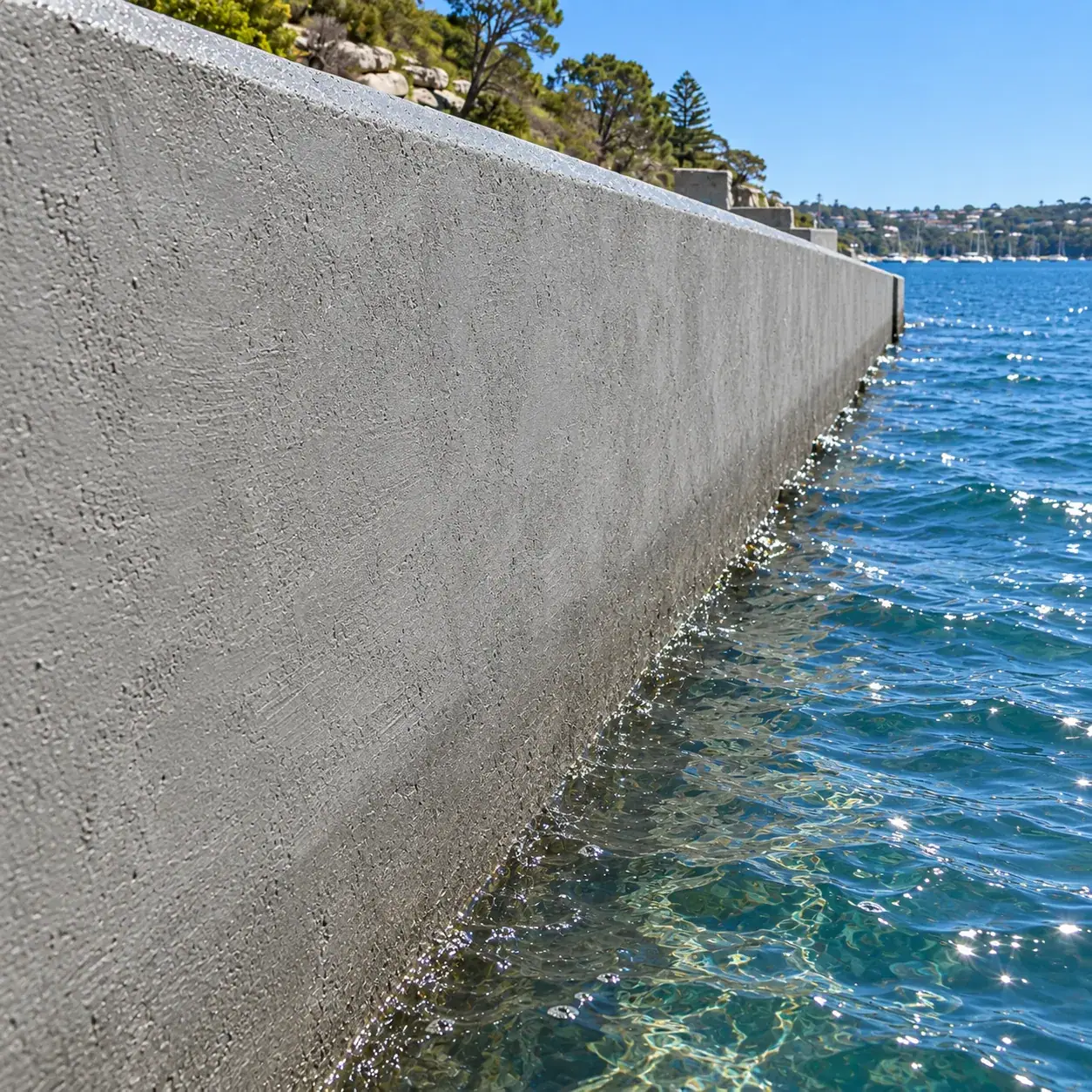 After: a continuous grey repair finish along the harbour seawall face above the water.