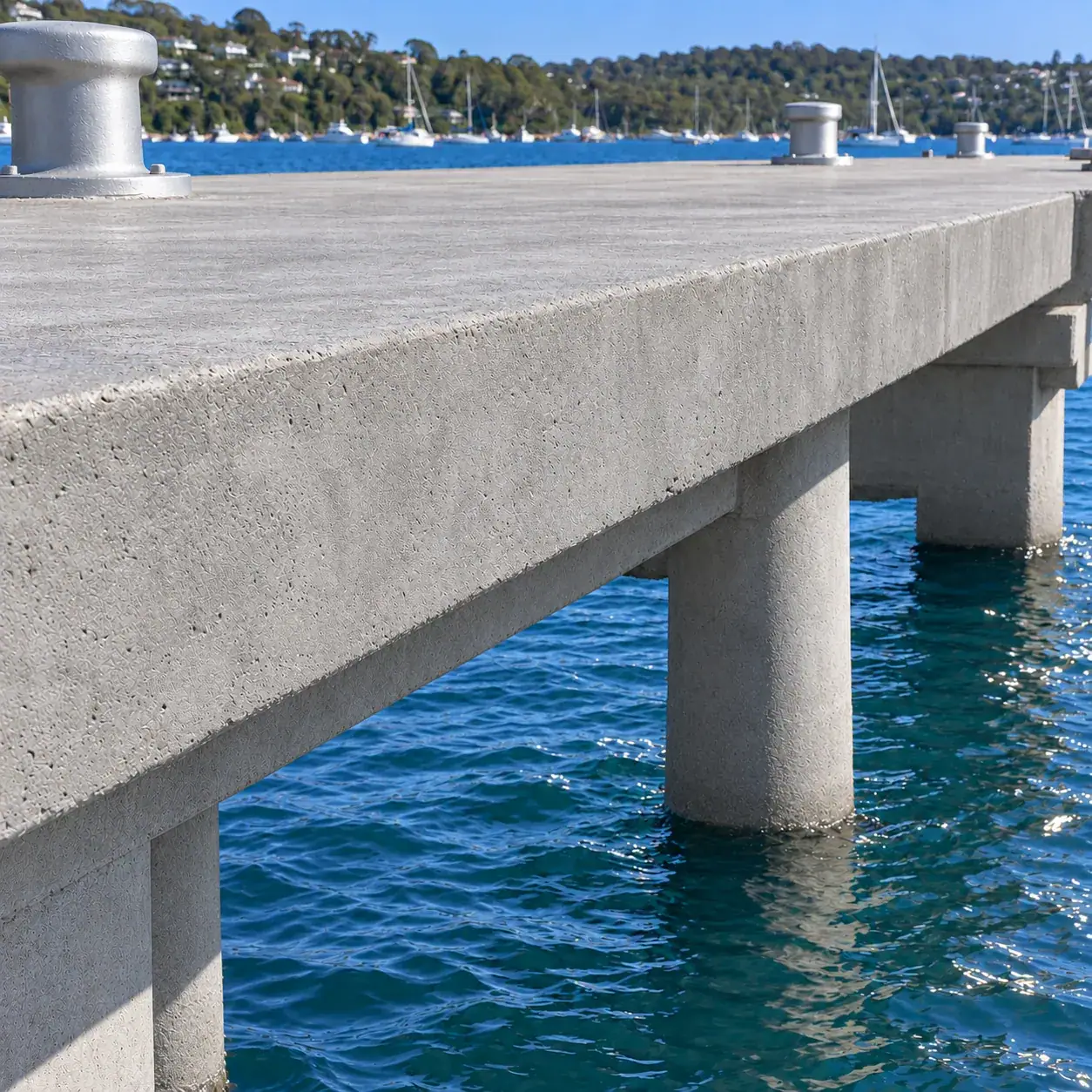 After: reinstated wharf deck edge and beam face with grey-finished pile surfaces and refurbished deck bollards.