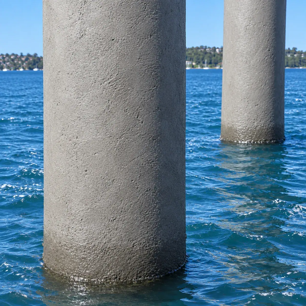 After: circular marine piles with continuous grey repair finishes extending down to harbour water.
