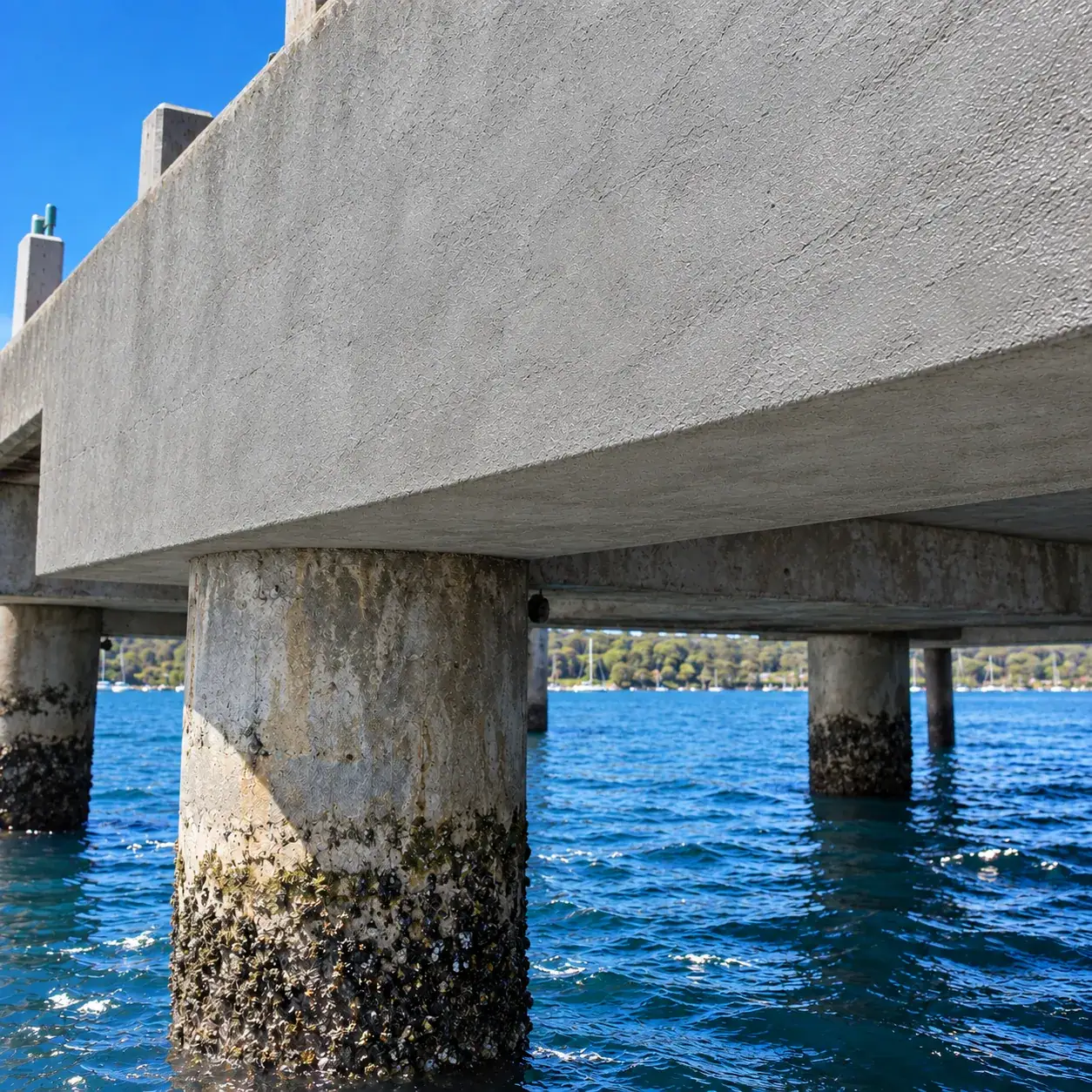After: repaired wharf beam face and soffit with a continuous grey finish above the existing weathered pile.