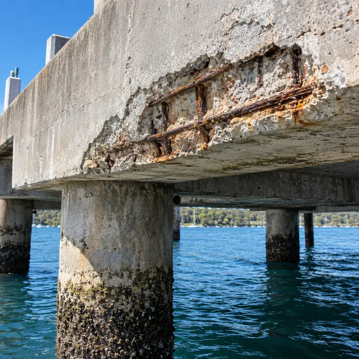 Before: wharf beam with a long lower-face spall and exposed rusted horizontal reinforcement above a supporting pile.
